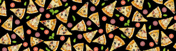 披萨的模式。黑色背景。概念横幅或传单为餐厅或快餐，披萨外卖。俯视图，平放。图片下载