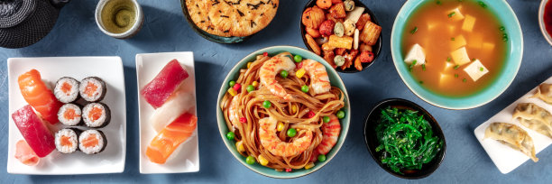 日本食品全景。各种各样的日本料理，从头开始图片下载