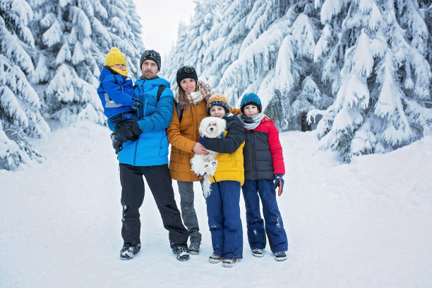幸福的一家人带着三个孩子和小狗狗，冬天在山上远足，雪很多，冬天很美图片下载