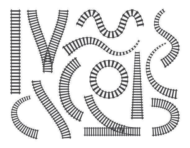 设置火车铁路轨道在各种形状的卡通矢量插图孤立。图片下载