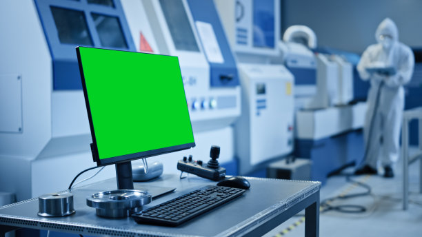 工厂洁净室:在桌面个人电脑上显示绿色屏幕色度键显示。在数控机械背景下，专业人员在生产线上使用机器人手臂。图片下载