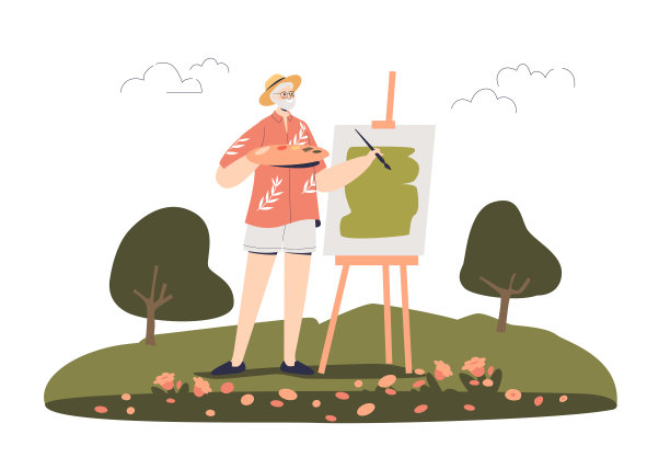 高级男子在户外作画。成人plein空气艺术家创造艺术品图片下载