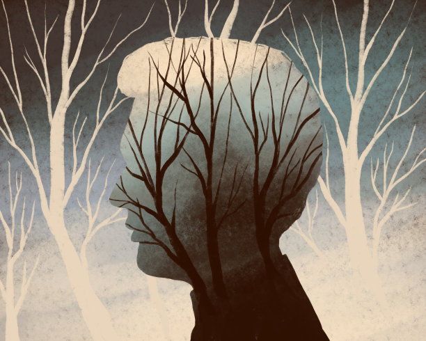 在树的背景上画一个人的侧面。心理问题，生态，孤独。孤独的问题，与外界的联系，孤僻图片下载