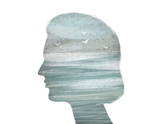 女人侧面插图与海洋，海，湖，天空和海鸥的抽象背景。象征着自由、休息、假期和幸福，也是精神健康的象征图片下载