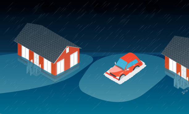 大雨和暴风雨。房子和汽车都在水里。不可预见的情况。车祸保险，不可抗力。城市里的洪水。卡通风格。股票矢量插图。图片下载