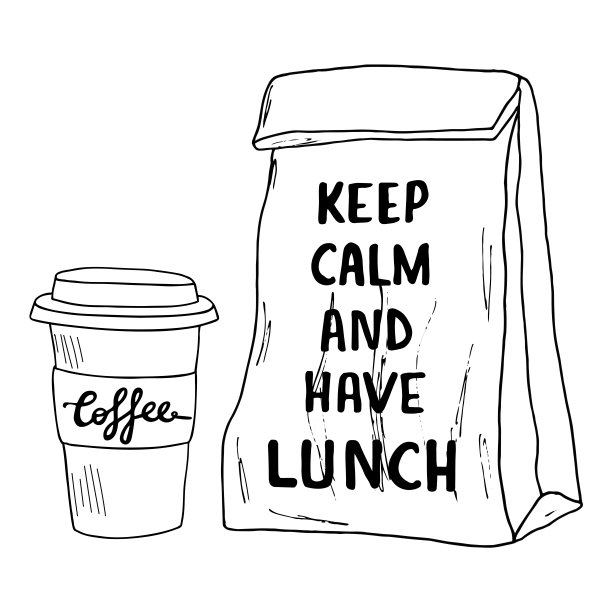 咖啡杯和午餐袋。手绘矢量速写插画笔画和题词保持冷静，吃午饭图片下载