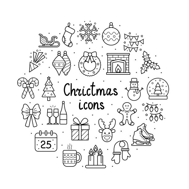 在白色背景上的一组圣诞图标，矢量插图图片下载