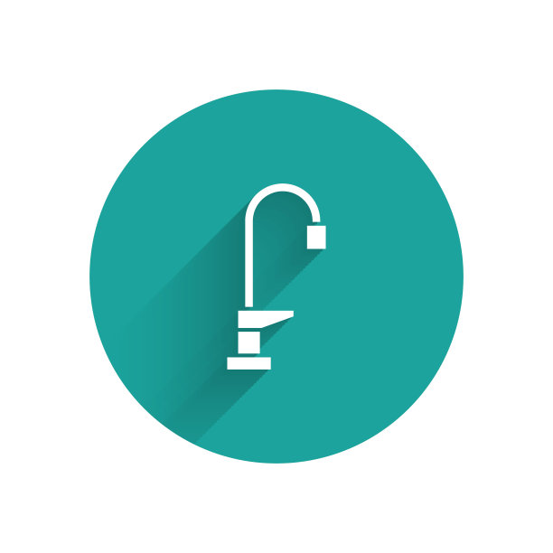 白色水龙头图标孤立与长阴影。绿色圆圈按钮。向量图片下载