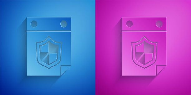 剪纸日历与盾牌图标隔离在蓝色和紫色的背景。保险的概念。警卫队的迹象。安全、安全、保护、隐私的理念。纸艺术风格。向量图片下载