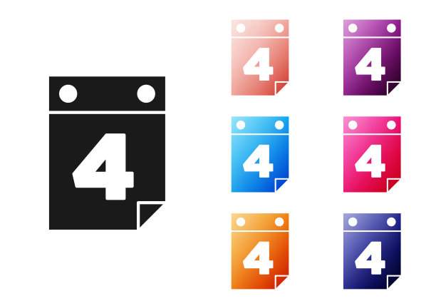 黑色日日历日期7月4日图标孤立在白色背景。美国独立日，7月4日。设置图标丰富多彩。向量图片下载