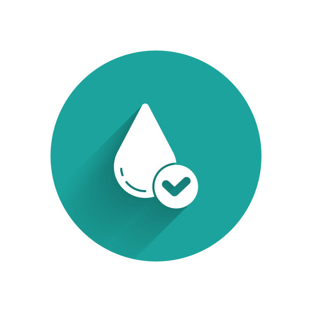 白色水滴图标孤立与长阴影。绿色圆圈按钮。向量图片下载