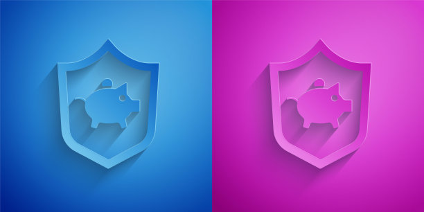 剪纸小猪银行与盾牌图标隔离在蓝色和紫色的背景。图标储蓄或积累金钱，投资。纸艺术风格。向量图片下载