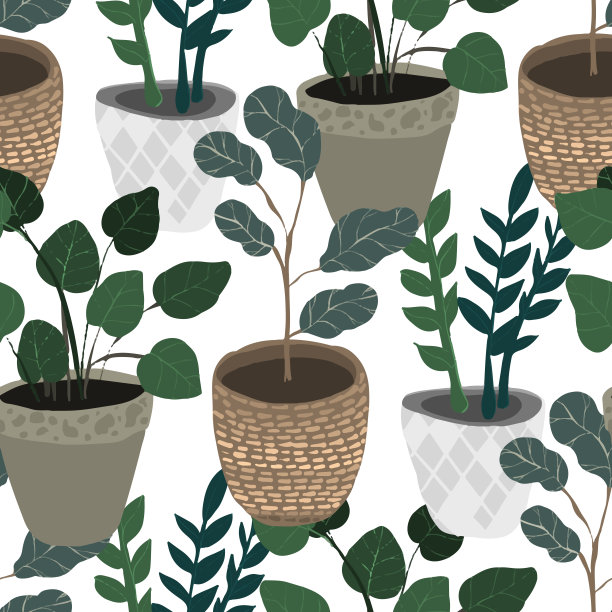 彩色手绘无缝花盆图案。涂鸦的植物。图片下载