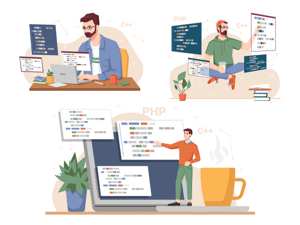 编程人员，使用java语言编写计算机编码信息的人，程序员，游戏测试人员或开发人员编写脚本。互联网技术软件，监控屏幕，网络图片下载