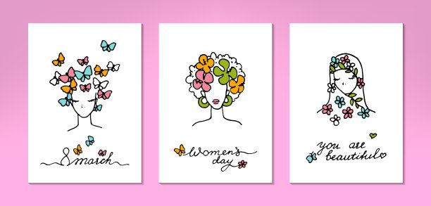 一套三月八日贺卡。手绘的现代女性不同民族的面孔。矢量图图片下载