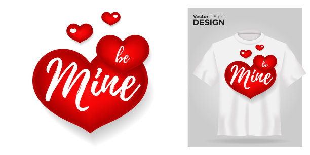 印有情人节快乐概念图案的t恤模型。3d现实的红心衬衫模板。白色t恤模型，前视图设计，是我的口号。矢量图图片下载