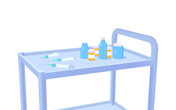 医疗柜手推车与医疗注射器，烧瓶和罐子等距矢量插图。接种疫苗医疗设备图片下载