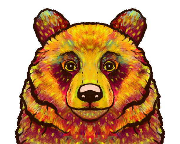 明亮时尚时尚的多色熊肖像手绘与笔触。摇滚风格的画图片下载
