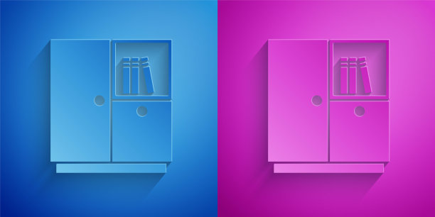 剪纸衣柜图标孤立在蓝色和紫色的背景。纸艺术风格。向量图片下载