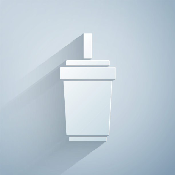 纸玻璃与饮用水吸管和水图标隔离在灰色背景上。汽水杯。新鲜冷饮的象征。纸艺术风格。向量图片下载