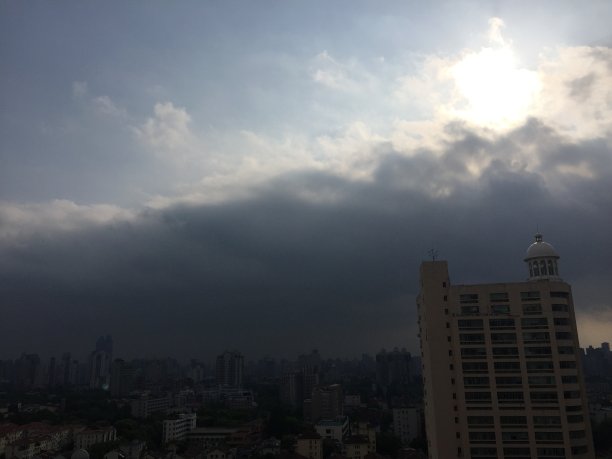 上海疯狂的天空。城市上空的地平线。不同的云，戏剧性的天空，日落。图片下载