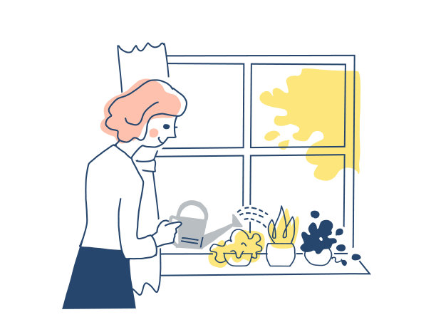 一个女人在窗边给盆栽浇水图片下载