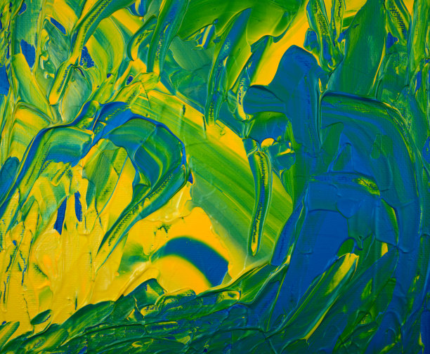 抽象的不规则的背景。画抹子纹理。画布上的丙烯黄色、蓝色、绿色。手工制作的,手绘。艺术品,艺术品。现代的,当代艺术。原创。图片下载