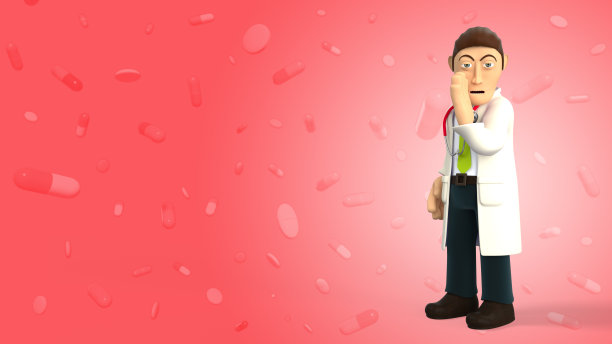 年轻的卡通医生拿着手靠近嘴和告诉秘密信息，孤立在红色的背景与药丸和药片3d渲染图片下载
