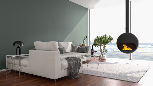 现代阁楼风格的公寓，有时尚的壁炉，透过大落地窗望向海滩。三维渲染图片下载