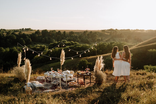 女孩野餐户外母鸡聚会在自然山图片下载