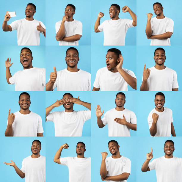非洲人摆姿势手势表达积极的情绪，蓝色背景，拼贴图片下载