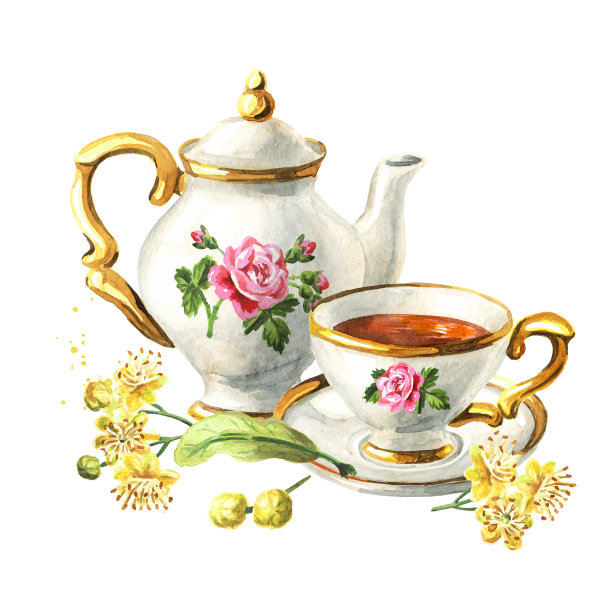 草本椴树茶与一束新鲜的椴树花。手绘水彩插图孤立的白色背景图片下载