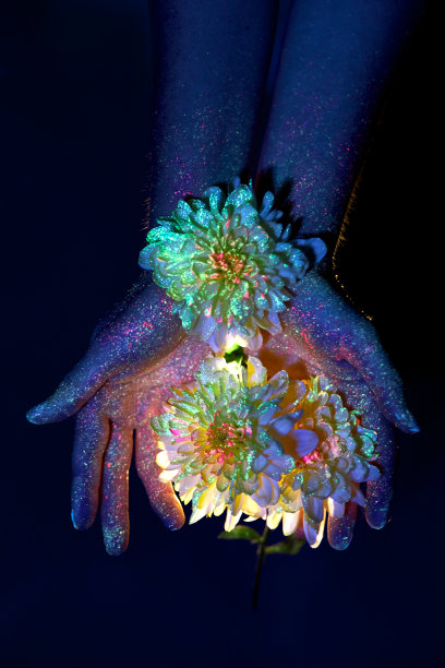 在紫外线下的美丽的女人的手与花在手掌。手部皮肤护理的化妆品图片下载