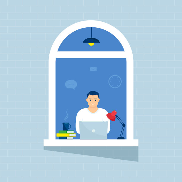 一个人坐在窗台上看外面的房间或公寓，在笔记本电脑上工作，概念人坐在家里，工作，学习，休息。回家隔离。封锁。矢量图图片下载