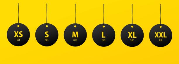 黑色的衣服尺寸标签图标。小、大、特大号。XS, S, M, L, XL, XXL标签。向量EPS 10。在白色背景上隔离图片下载