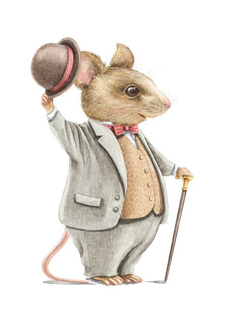 水彩复古卡通老鼠在服装与帽子和手杖图片下载