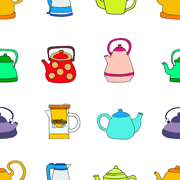无缝矢量插图与明亮的厨房茶壶在白色背景。图片下载