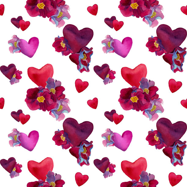 水彩紫色的心和花在无缝模式。2月14日的背景。图片下载