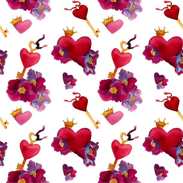 水彩紫色的心和花在无缝模式。2月14日的背景。图片下载