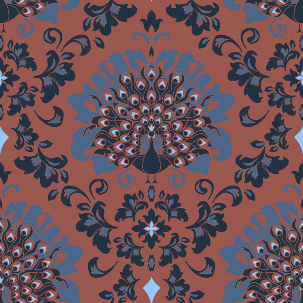 无缝矢量图案与豪华孔雀在棕色的背景。浪漫的织锦鸟墙纸设计。维多利亚风格的时尚纺织品。图片下载