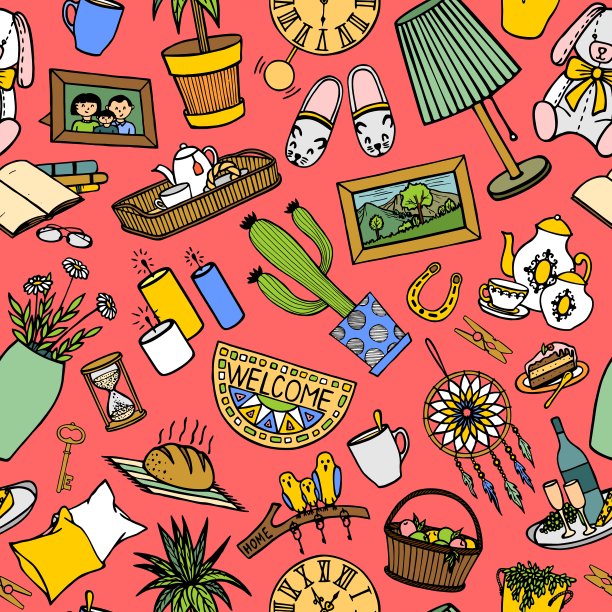 粉红色的背景和彩色的室内项目图片下载