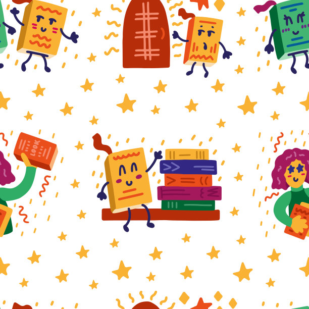 可爱的彩色矢量图案与书籍、读者和星星。适合书籍爱好者和读者。壁纸，包装纸和纺织品的模板图片下载