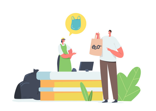 一名男子在商店购买可重复使用的环保包装食品。微笑的收银员向顾客提供产品的塑料袋图片下载