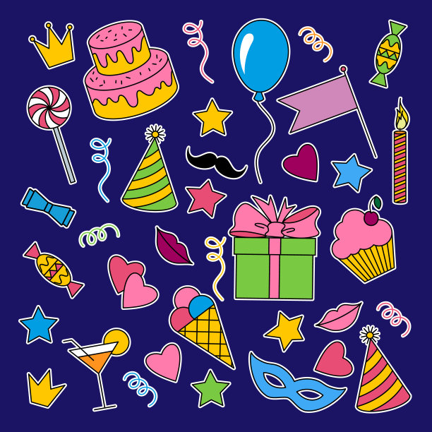 有趣的节日贴纸。矢量收集彩色图标的笔记。图片下载