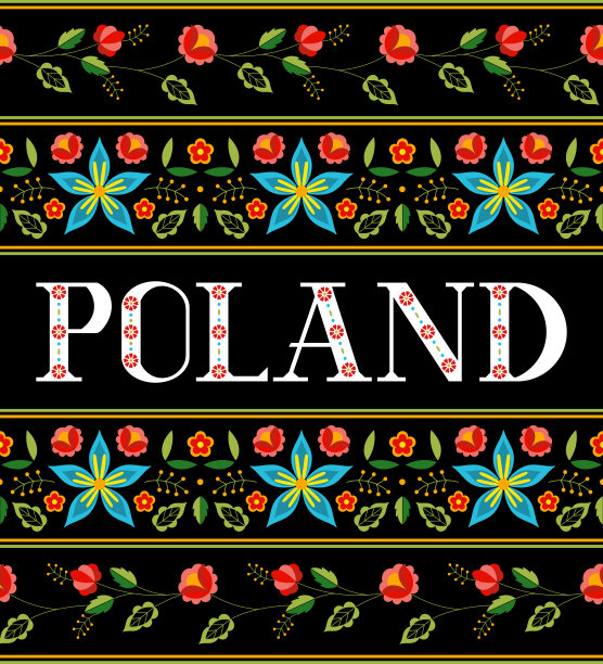 波兰背景矢量。黑色插图与传统花卉图案从波兰刺绣装饰旅游卡，纪念品传单设计，旅游横幅。图片下载