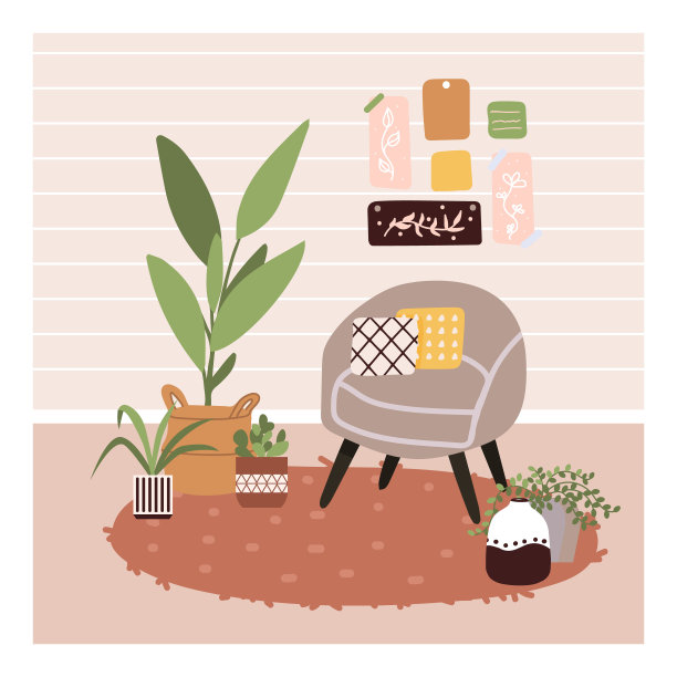 斯堪的纳维亚hygge风格室内海报。舒适的家具和家居装饰套装。舒适的客厅或公寓，衣柜，植物，花瓶，地毯，家庭元素。平面矢量插图打印图片下载