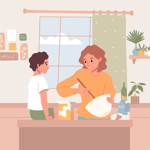 快乐的人们在厨房的桌子上做饭。微笑的母亲和儿子。父母花时间和孩子一起准备晚餐，烘焙，自制食物。平面卡通矢量插图。图片下载