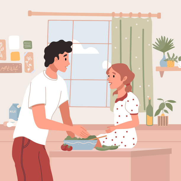 快乐的人们在厨房的桌子上做饭。父亲和女儿共度时光。家长和孩子准备晚餐，做沙拉。父亲节。平面卡通矢量插图。图片下载