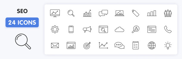 一套24个SEO和发展网站图标在线条风格。接触,目标网站。矢量插图。图片下载