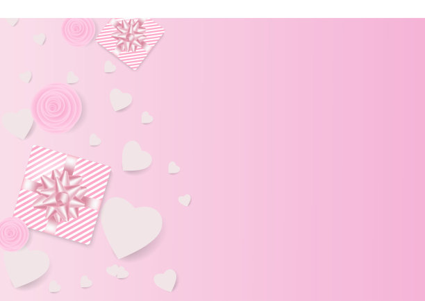 一个有爱心的背景和一个真实的组成时尚的横幅，海报或贺卡。一个由喜庆的礼盒组成，有爱心和鲜花。图片下载